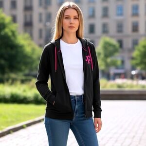 T-Mobile Womens Medium Full Zip Hoodie Polyester Black Magenta Thumbhole Logo